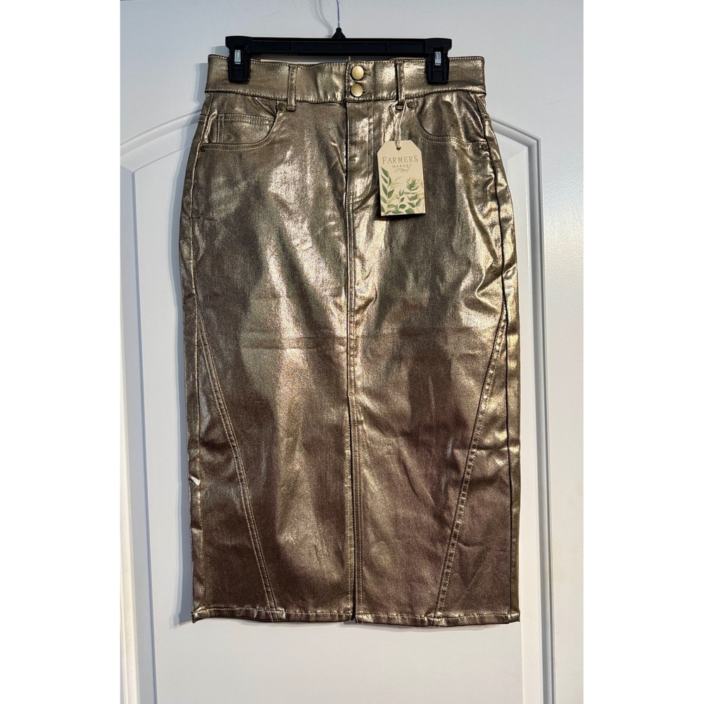 Farmers Market Midi Pencil Skirt Small Gold Metallic NEW Coated Denim Glam Edgy